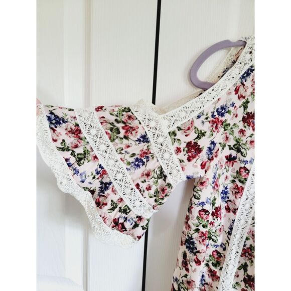 Anthropologie S Blue Tassel‎ Peasant Floral Lace Cold Shoulder Blouse Top Oversz - Picture 3 of 6